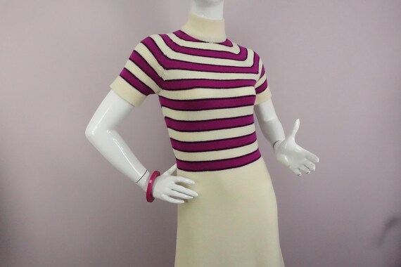 Marni, Vintage 70s Sweater Dress by Marni Knits Striped Purple Ivory Short Sleeves Mod S/M