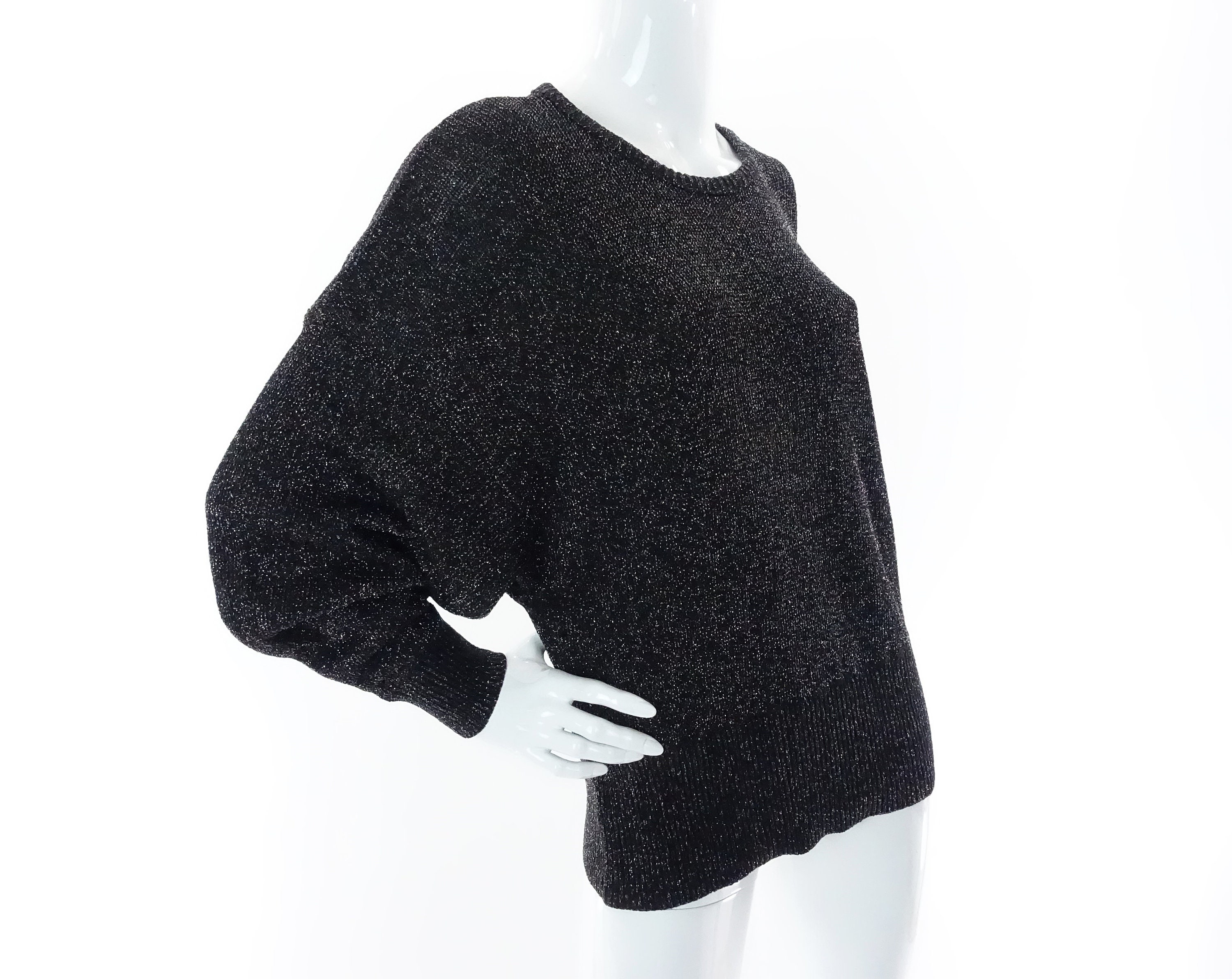 Vintage 80s Pierre Cardin Sweater Sparkly Metallic Black Knit Top 