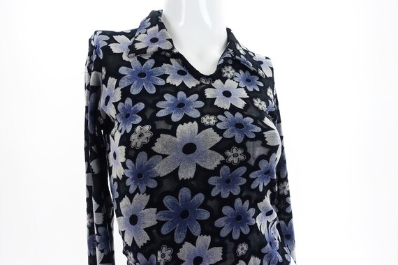 90s Crop Top Sheer Floral Collared Shirt Rave Clu… - image 2