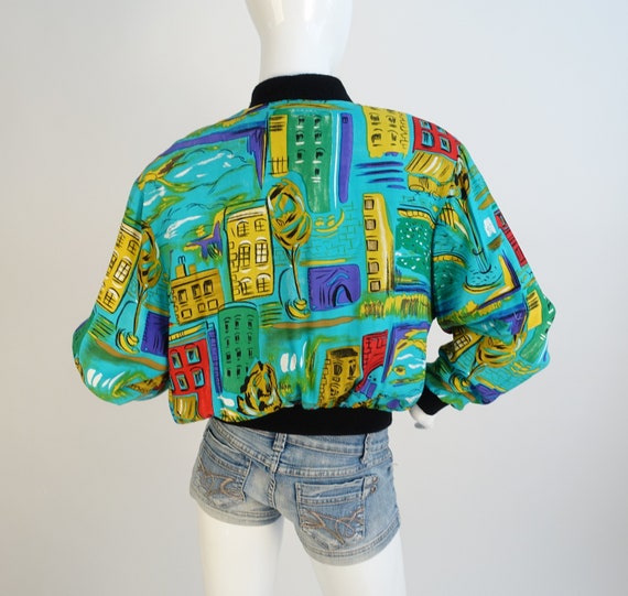 Vintage 90s Bomber Jacket City Streetscape Colorfu