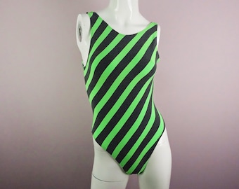 1980s Bodysuit Neon Stripe Aerobics Exercise One Piece Leotard High Cut Legs Medium
