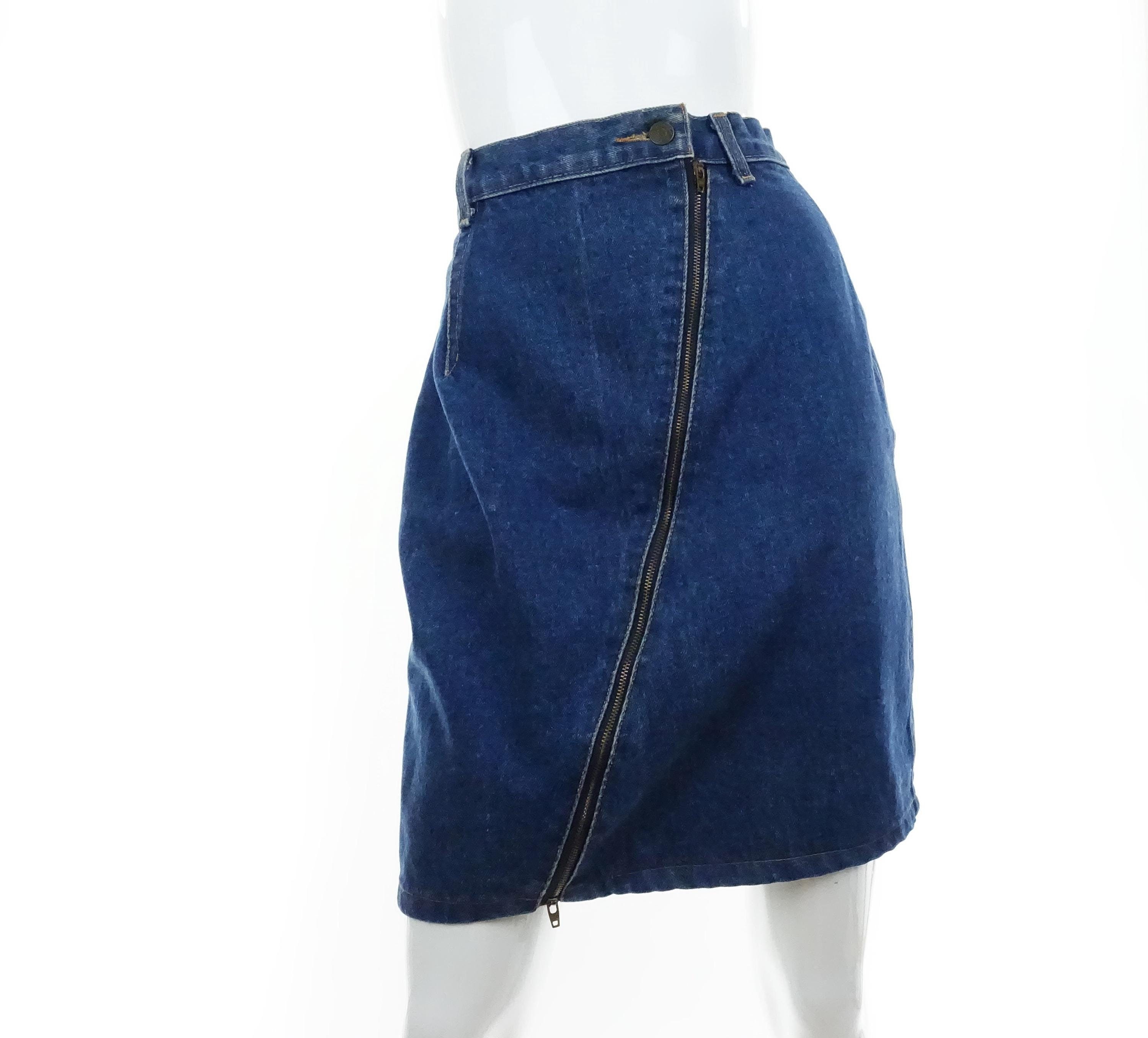 スカート THE MUSEUM VISITOR DIAGONAL ZIPPER DETAILED DENIM SKIRT BLUE 1980s Jean Skirt Diagonal Zipper Front Denim Mini Size 11