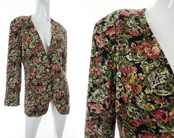 80s 90s Floral Blazer Rayon Scroll Flower Print Suit Jacket Size 4