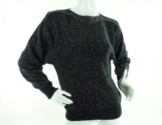 70s 80s Metallic Black Sparkly Sweater Knit Top / Medium - Etsy