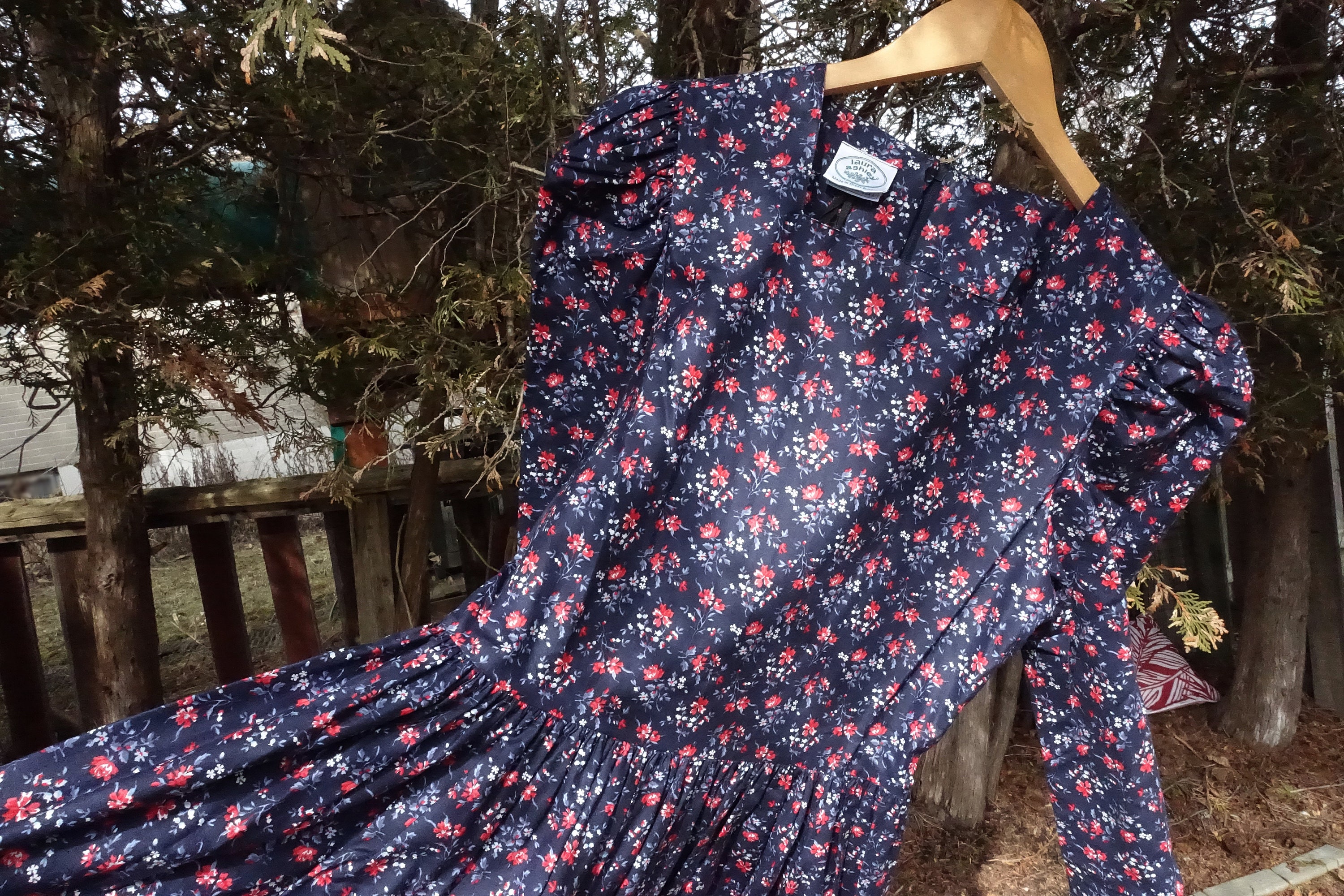 Vintage 80s Laura Ashley Dress Long Sleeve Blue Floral Print