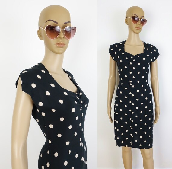 Vintage BUS STOP Dress Black Polka Dot Cap Sleeve