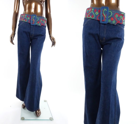 Vintage 70s Bell Bottom Jeans Deadstock 1970s Dark Wash Denim