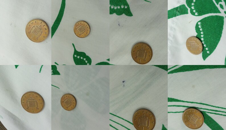 May include: Eight gold-colored coins with the inscription "ONE PENNY" on a white background with green floral patterns.