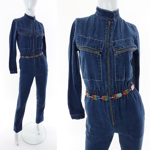 Vintage 80s Denim Jumpsuit 1980s Blue Jean Coveralls One Piece Suit XXS