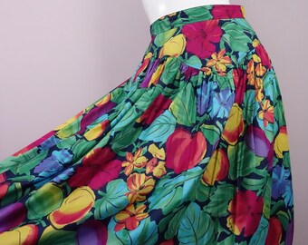 80s Anne-Marie Beretta Skirt Fruit Print Cotton Pleated Basque Waist 26"