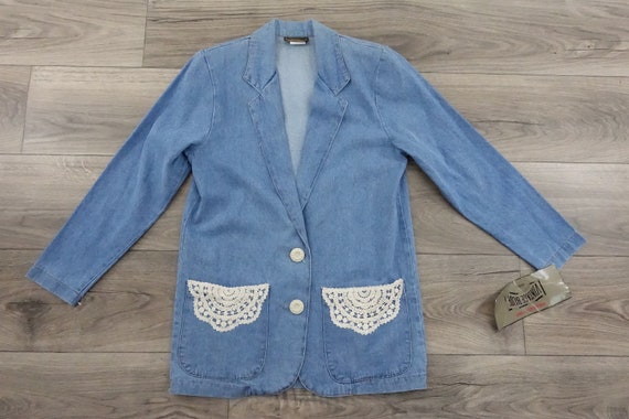 Vintage 90s Denim Blazer Blue Jean Suit Jacket Ne… - image 7