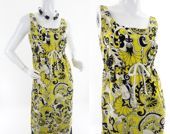 1960s 70s Yellow Black Paisley Dress 1970s Psyche… - image 1