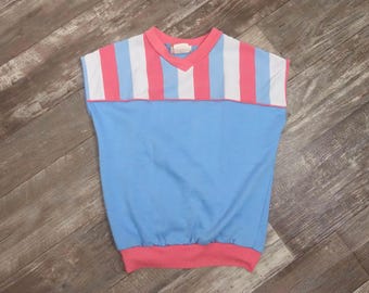 Girls' 1980s Sleeveless Sweatshirt Top Color Block Stripe Vintage Sears Size 14