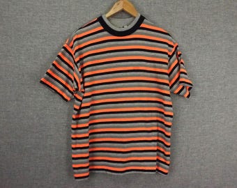 1980s ESPRIT T Shirt Striped Gray Orange Black Size Medium