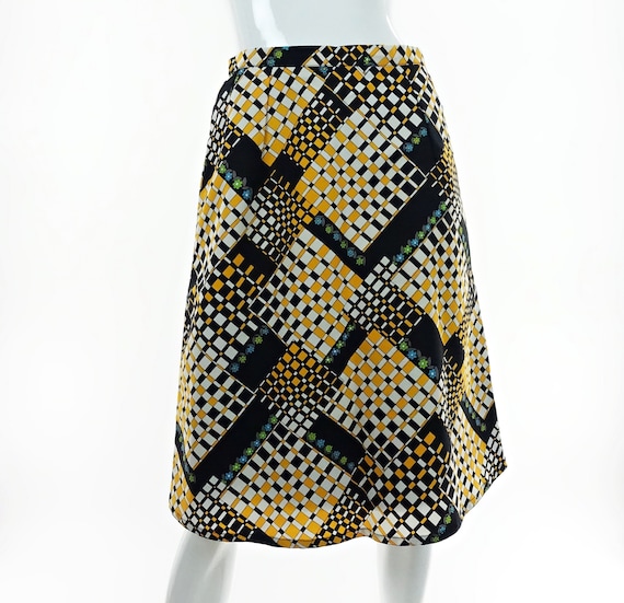 Vintage 1970s Op Art Floral Checkered Skirt 28" Waist