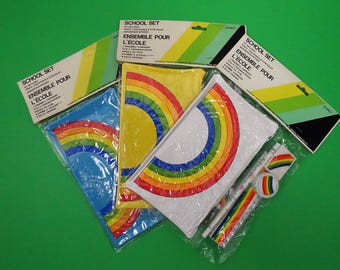 Vintage 80s Rainbow School Kit with Pencil Case, Eraser, Ruler NOS