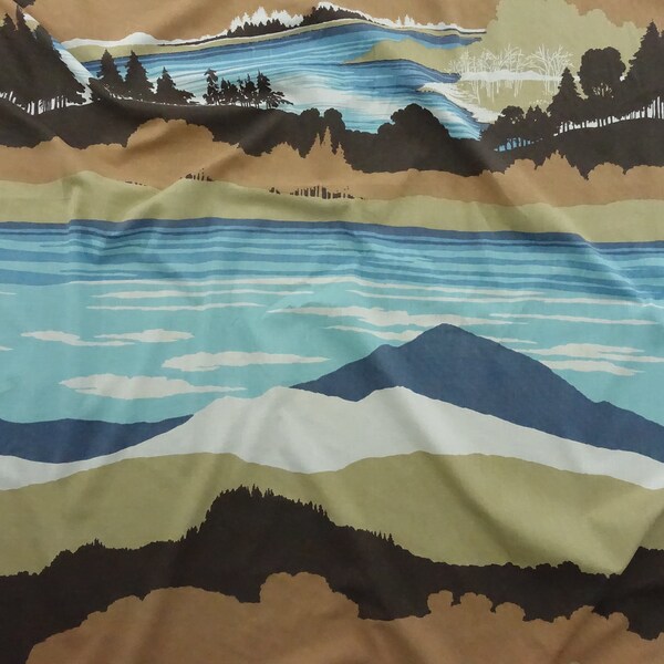 Vintage 70s Mountain Lake Landscape Sheet Full / Double Fitted Bedsheet Burlington The Mountains 1970s Bedding