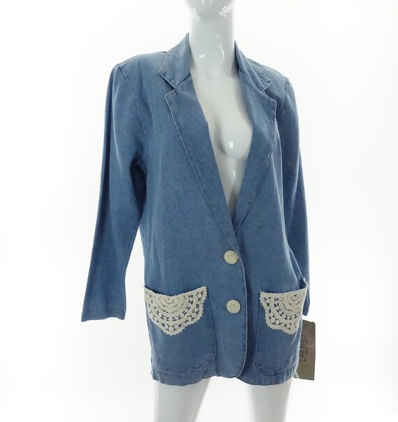 Vintage 90s Denim Blazer Blue Jean Suit Jacket Ne… - image 3