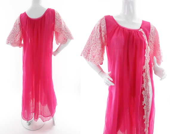 1960s 70s Double Chiffon Peignoir Robe Pink Lace … - image 1