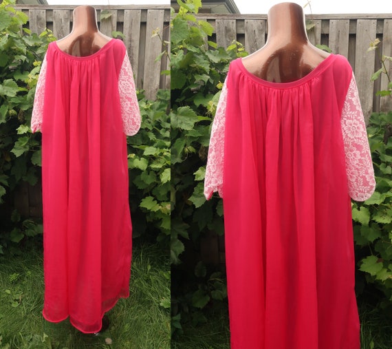 1960s 70s Double Chiffon Peignoir Robe Pink Lace … - image 4