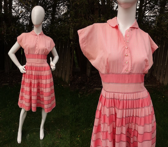 Vintage 40s Gingham Dress 50s Pink and White Check