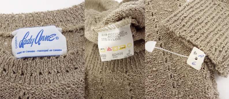 May include: A beige knitted cardigan with a label that reads "Lady Anne" and "Made in Canada - Fabriqu&eacute; au Canada". The label also includes the size "S" and the fabric content: "62% Acrylic, 18% Nylon".