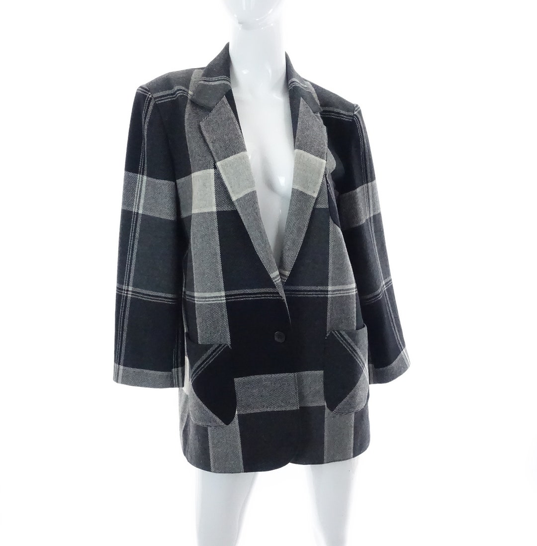 1980s Plaid Blazer Gray Black Wool Tartan Suit Jacket Mr Leonard 80s