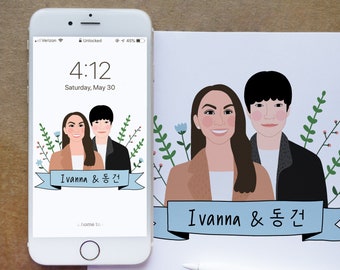 Cute Couple Portrait Phone Wallpaper/New Couples Gift Cute/Custom Couple Drawing Gift/Family Portrait Cartoon/Anniversary Gift Boyfriend