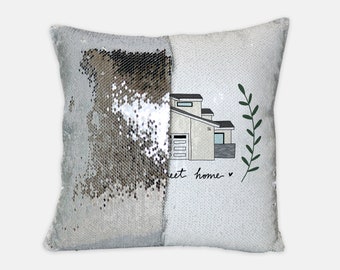 Custom House Portrait Sequin Pillow / Cadeau de pendaison de crémaillère personnalisé / Peinture de maison à partir de la photo / Cadeau de première maison personnalisé / Cadeau de clôture d’agent immobilier