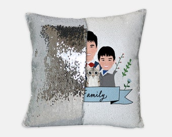 Custom Family Portrait Sequin Pillow/Family Photo Sequin Pillow/Personalized Best Friend Sequin Pillow/Custom Pet Parents Gift/Dog Dad Gift