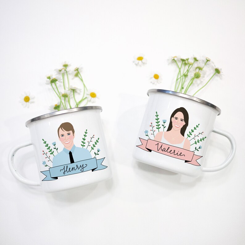 Custom Couple Portrait Mug Set/Personalized Portraits Camp (Silver)- 10oz