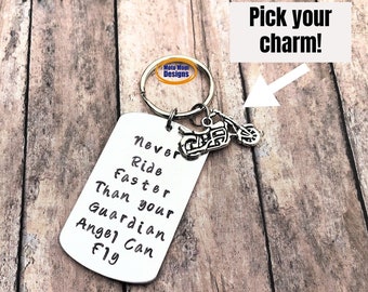 Never Ride Faster than Your Guardian Angel Can Fly, Motorcycle Keychain, Gift for Him, Motocross Gift, Angel Keychain,  Dirt Bike Gift