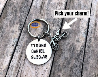 Personalized Motocross Keychain, Tibetan Silver Charm, Racing Gift