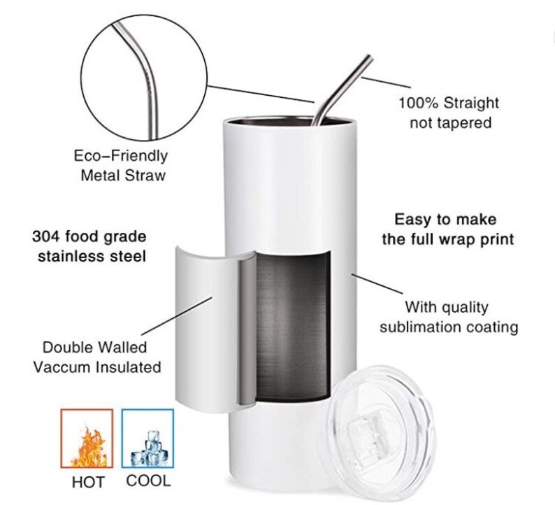 May include: White stainless steel tumbler with a double wall vacuum insulated design. It features a 100% straight, non-tapered straw and a lid. The tumbler is made of 304 food grade stainless steel and has a sublimation coating. It is easy to make a full wrap print on the tumbler. The tumbler is shown with a metal straw and a hot and cold icon.
