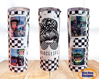 May include: Three black and white checkered stainless steel tumblers with photos of children riding dirt bikes. The middle tumbler has a black and white checkered design with a woman's face and the text "#RACELIFE".