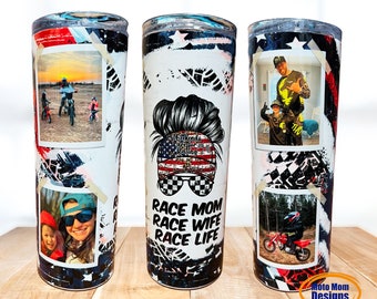 May include: Three stainless steel tumblers with a white background and black, red, and blue accents. The tumblers feature a variety of images, including a woman with a messy bun and sunglasses, a family riding dirt bikes, and a man riding a dirt bike. The text "Race Mom Race Wife Race Life" is printed on the middle tumbler.