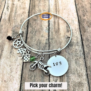 Motocross Bracelet, Racing Jewelry, Personalized Bracelet, Dirt Track Racing, Motocross Gift, Gift for Her, Charm Bracelet, Checkered Flag