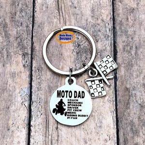 Motocross Dad Keychain: Stainless Steel Charm, Racing Flags