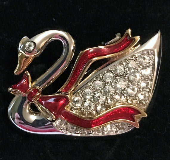 Vintage Signed Swarovski Swan with Bow Brooch - image 1