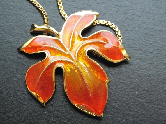 Vintage Unsigned Orange Fall Maple Leaf Necklace - image 1