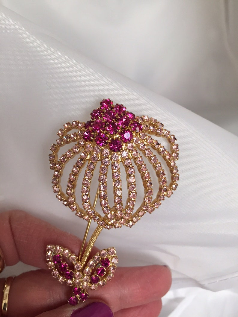 Vintage Pink Rhinestone Flower Brooch by Weiss 50s Etsy