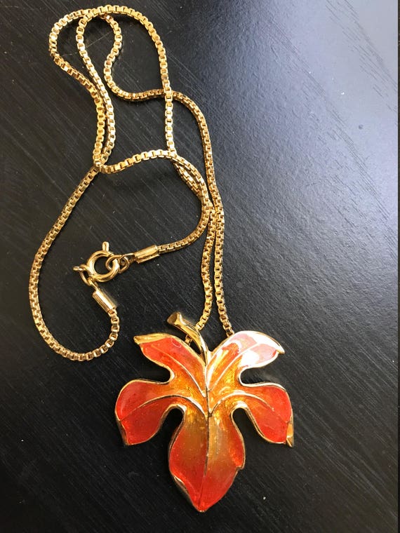 Vintage Unsigned Orange Fall Maple Leaf Necklace - image 8