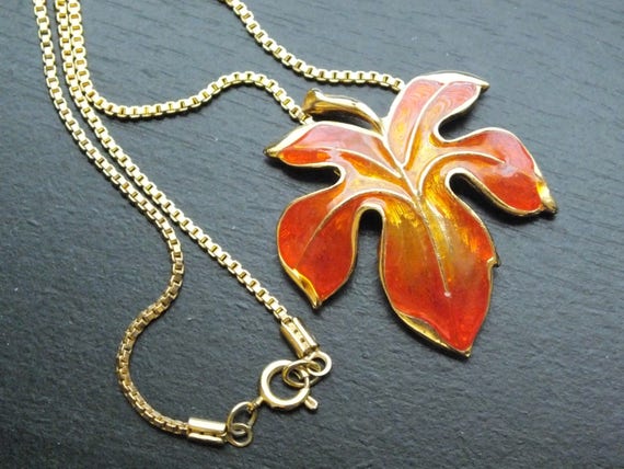 Vintage Unsigned Orange Fall Maple Leaf Necklace - image 4