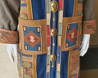 Coloratura Vintage Coat, Color Block, Green and Blue Southwest Coat, Textile Art, Tapestry Aztec  Full length Wool Snap Front Lined Coat