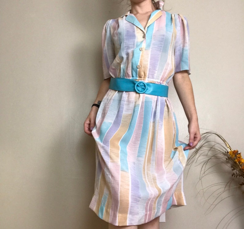 80's Muted Pastel Shirt Dress Belted Candy Stripe Thin | Etsy