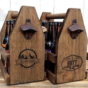 BBQ Rustic 12oz Six Pack Wooden Beer Caddy Tote With Bottle Opener, Beer Storage image 1