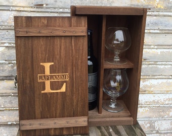 Personalized Wooden Wine or Whiskey Bottle and Glassware Gift Box