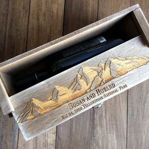 Mountain Skyline Wood Wedding Wine Box, Personalized Engagement Gift