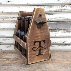 Men's Wooden Six Pack Beer Caddy Personalized With Bottle Opener image 1