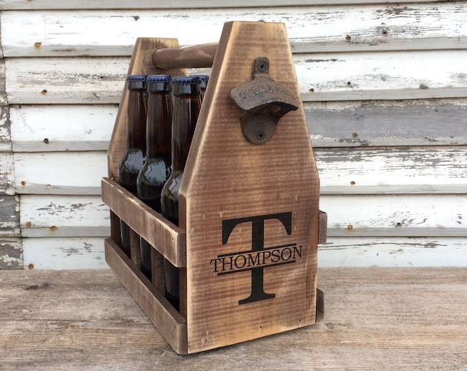 Men's Wooden Six Pack Beer Caddy Personalized With Bottle Opener